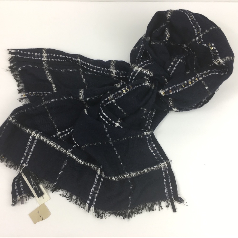 Ann Taylor Navy White Metallic Sequin Weave Scarf